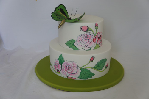 Painted rose, lily wedding cake