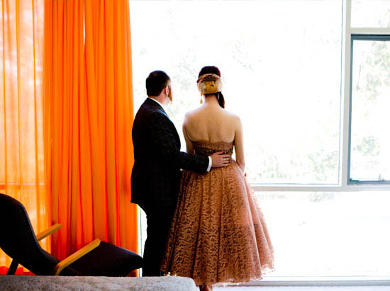 looking out, bride and groom