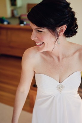 Bride in strapless wedding gown