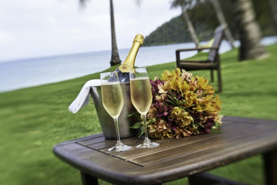 Wedding champange coral sea views