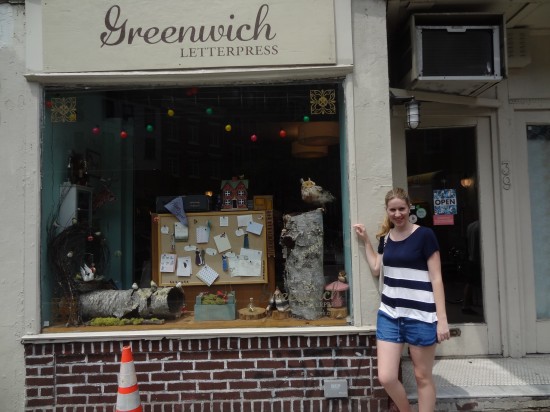 Amelia outside Greenwich Letterpress in New York