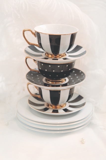 Designer Striped and Polka Black Teacups Stacked with Plates Portrait