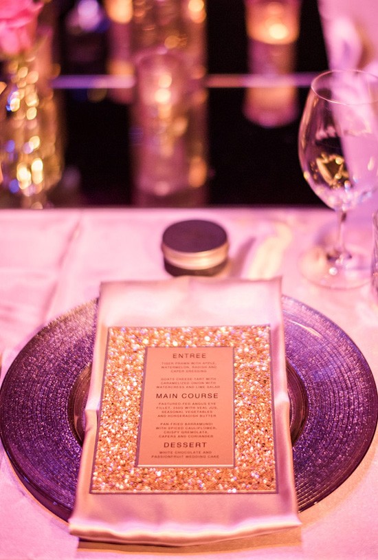 gold glitter wedding menu