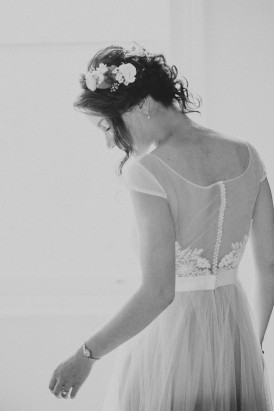 black and white photo of bride in dress