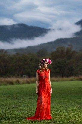 bride in red lace dress