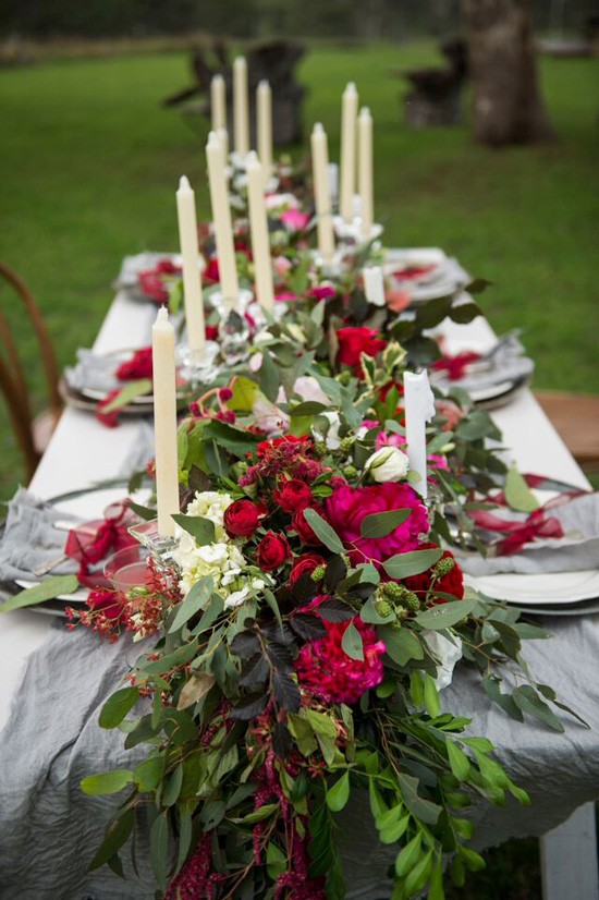 floral table garland with taper canldes