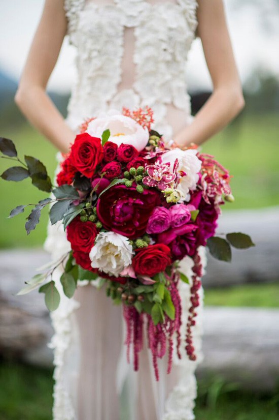 red pink and amarathus bouquet