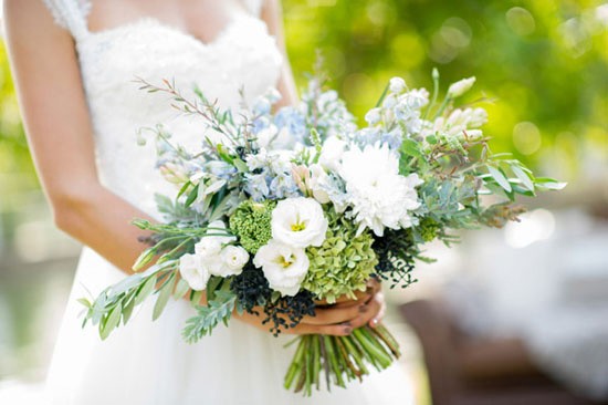 Bouquet with olice branches and green hydrangeas