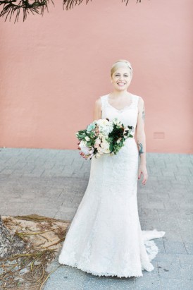 Bride in lace wedding gown