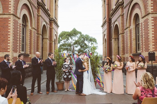 First kiss at industrial wedding