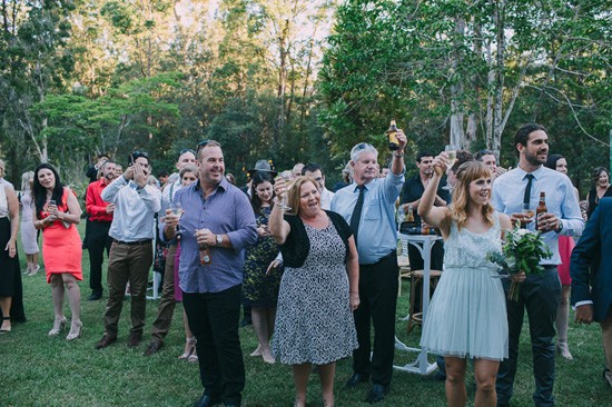 Happy guests at mountain wedding