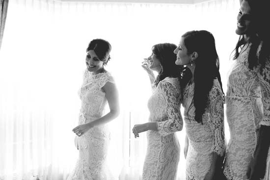 bride and bridesmaids in black and white