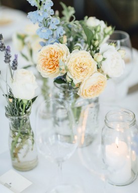 cornflower blue and peach wedding flowers
