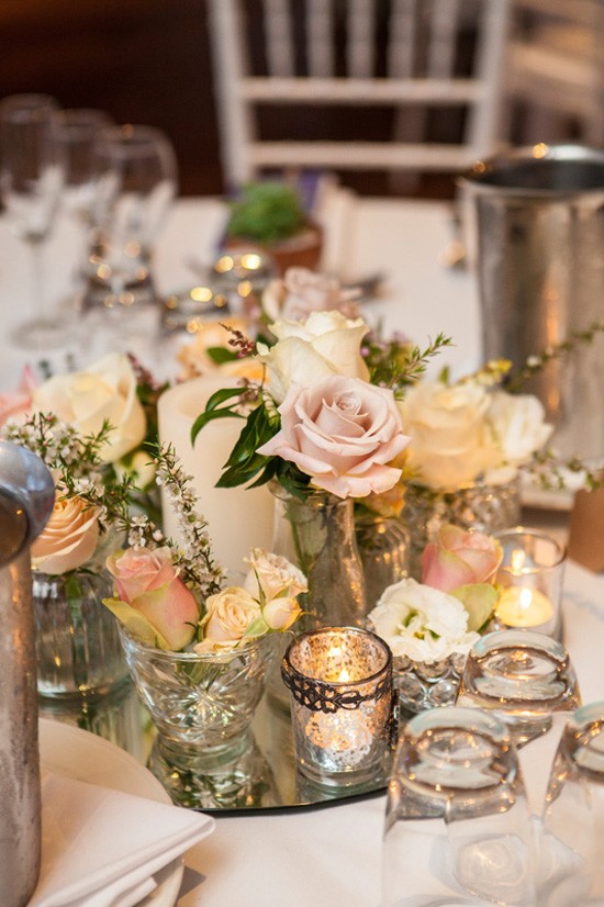pink rose and silver wedding centrepiece