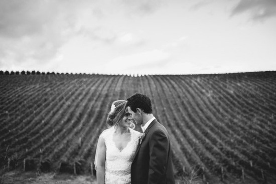 Black and white winery wedding photo