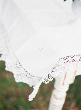 Vintage tablecloth at wedding ceremony