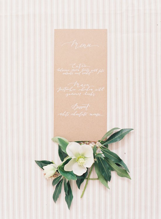 Wedding menu with white calligraphy