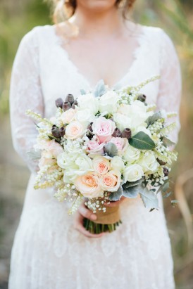 White bouquet with peach and pink roses