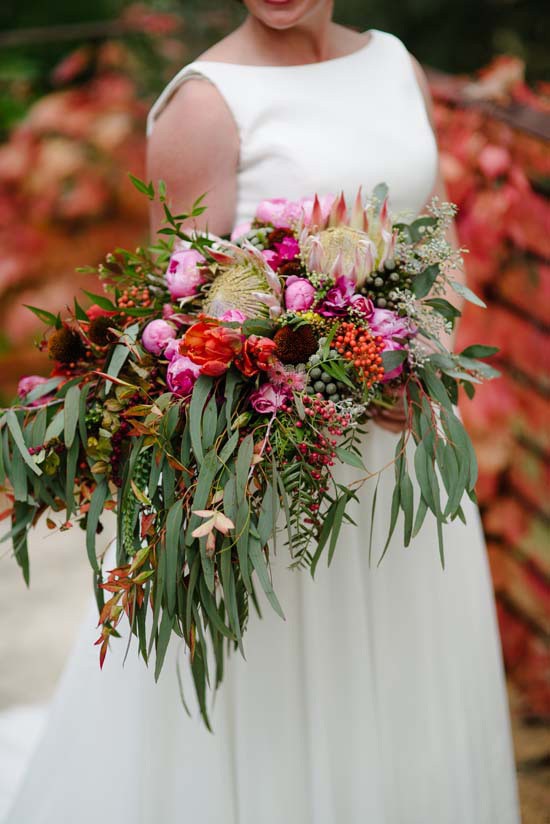 eucalypt leaves bouquet with pink flowers