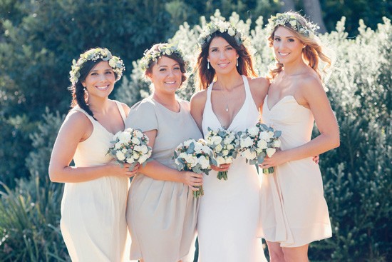 Bride with bridesmaids in shades of taupe
