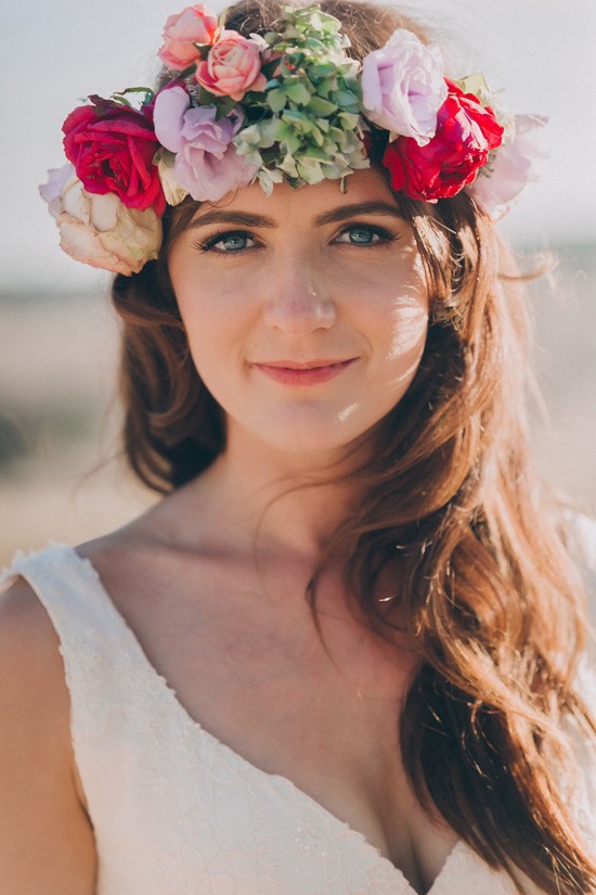 Bride with red lilac and green flower crown