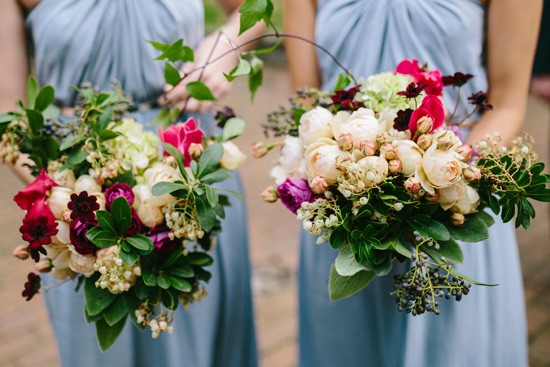 Cream and hot pink bouquets with greenery