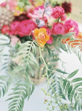 Fern and pink flowers at Summer wedding