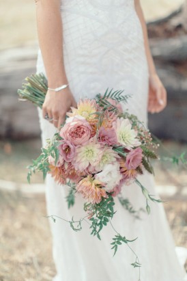 Peach and pink dahlia and rose bouquet