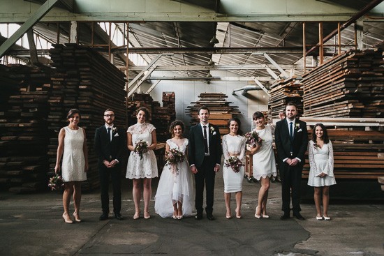 Bridal party photo in warehouse