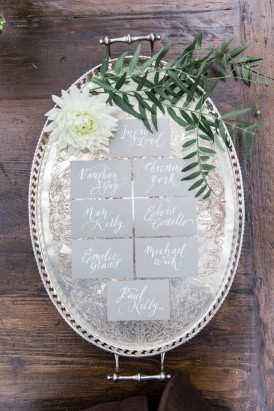 Grey Placecards on silver platter