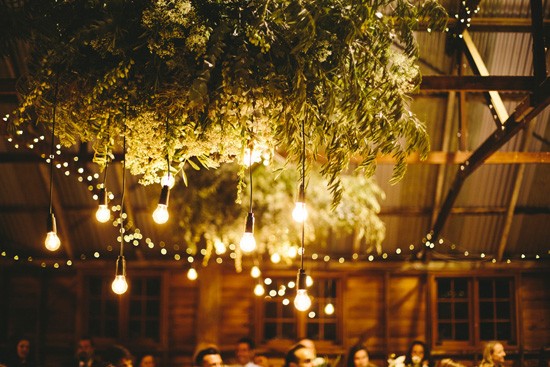 Lighting from suspended greenery at wedding