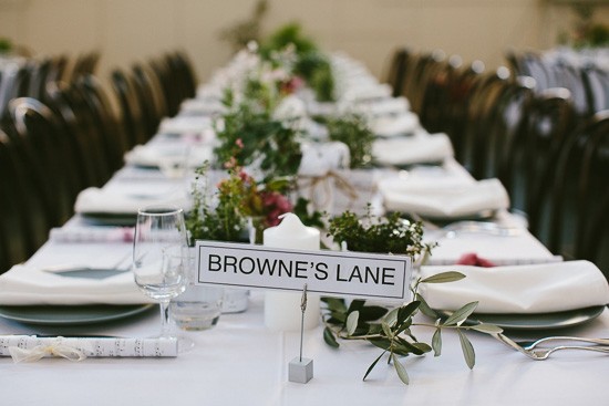 Long tables with table names at wedding