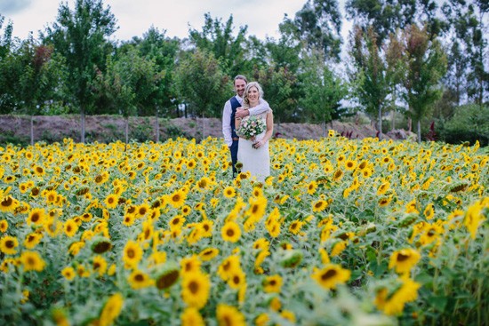 Newlyweds with sunflowers