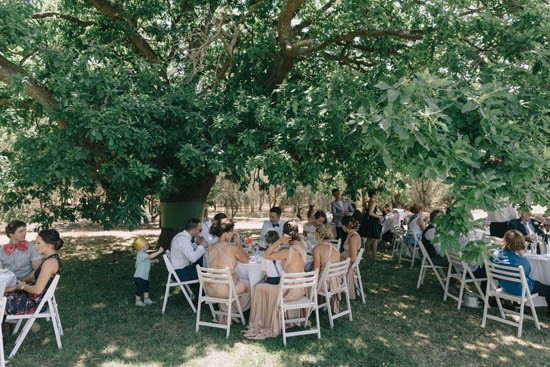 Tables under dappled shade of trees at wedding