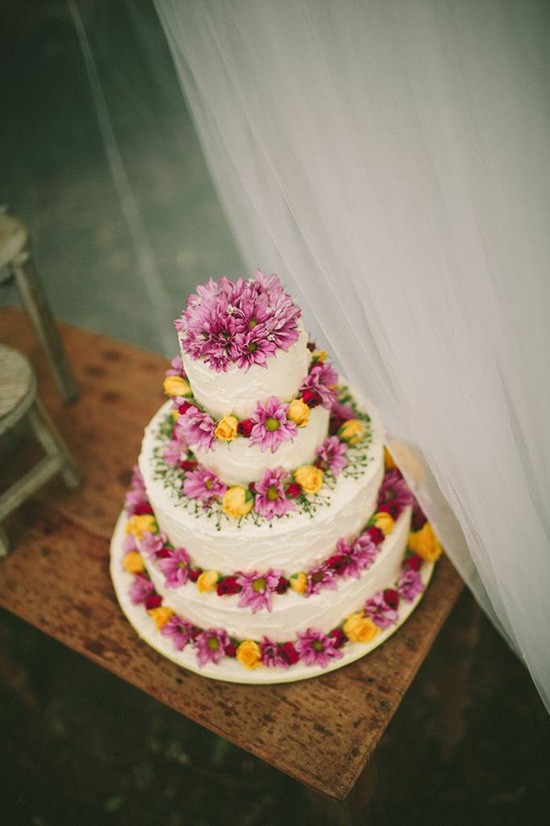 Summer Wedding Cake With Pink and yellow flowers